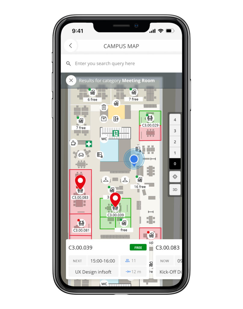 infsoft Workplace Experience App Maps and Navigation Occupancy Room information