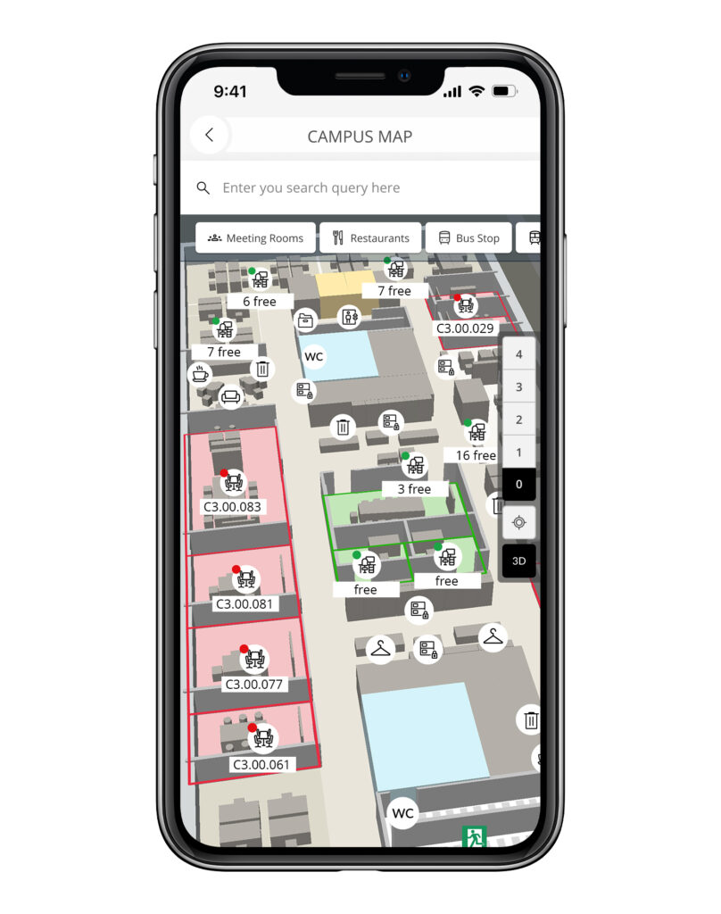 infsoft Workplace Experience App Maps and Navigation Occupancy 3D