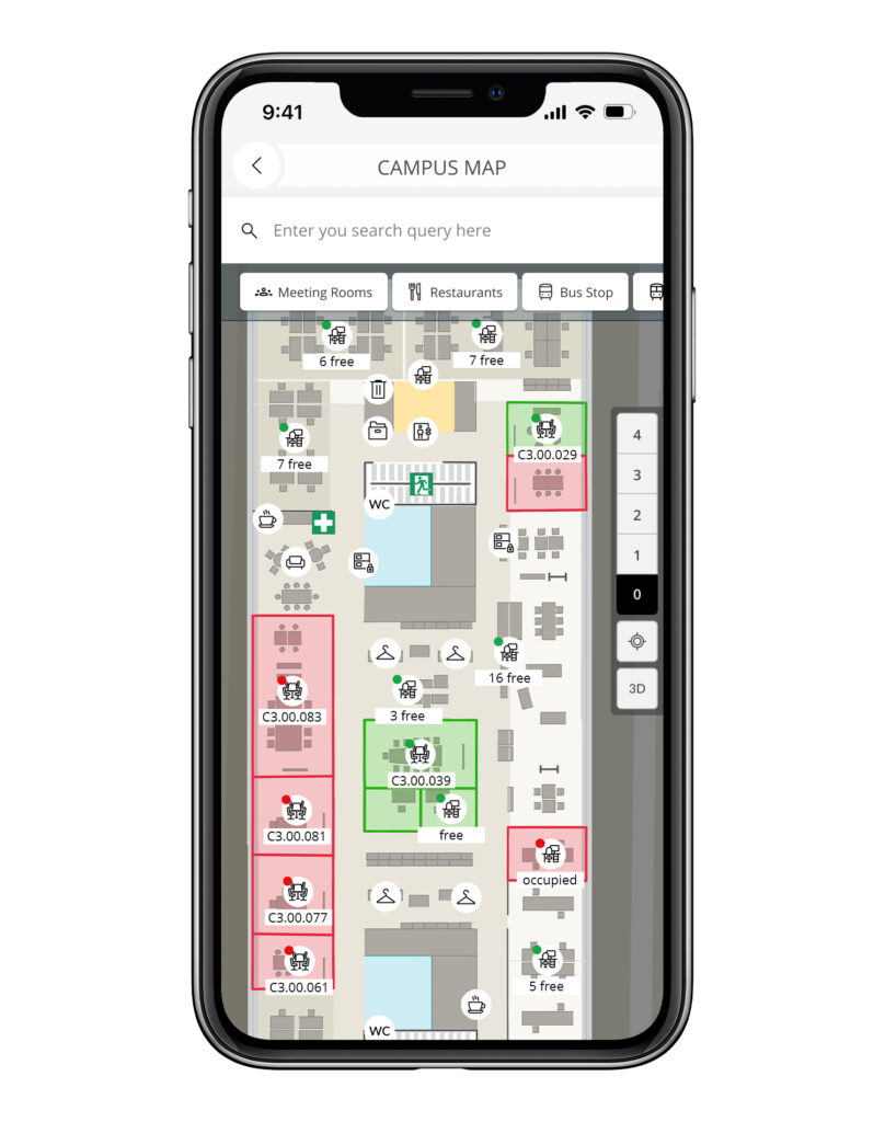 infsoft Workplace Experience App Maps and Navigation Occupancy 3D