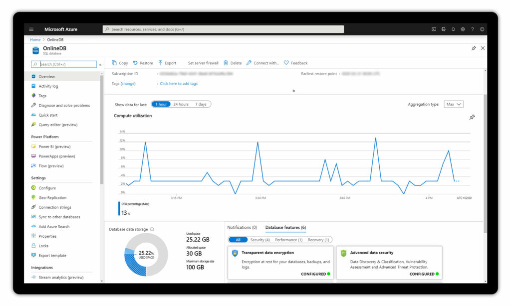 screen showing MS Azure database dashboard for infsoft LocAware platform