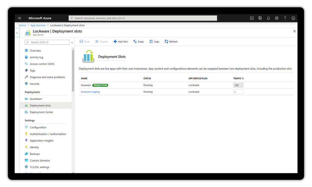 screen showing MS Azure deployment slots for infsoft LocAware platform