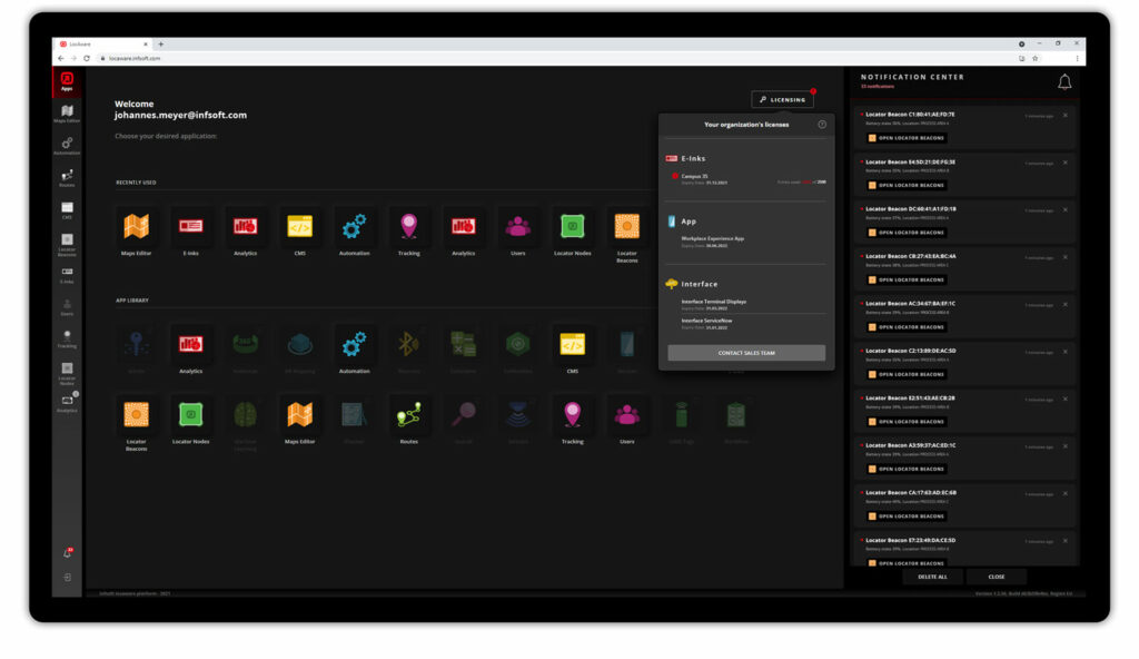 infsoft LocAware dashboard showing notifications and licensing