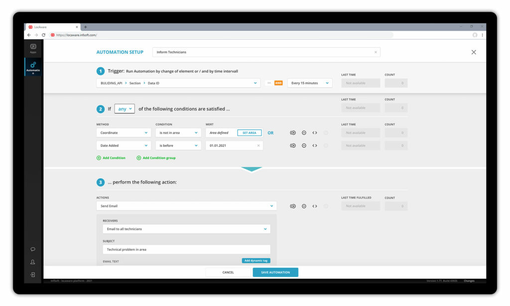 infsoft Automation dashboard showing defintion of triggers