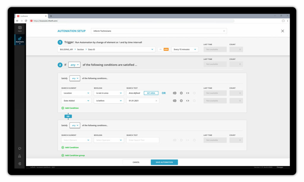 infsoft Automation dashboard showing definition of conditions