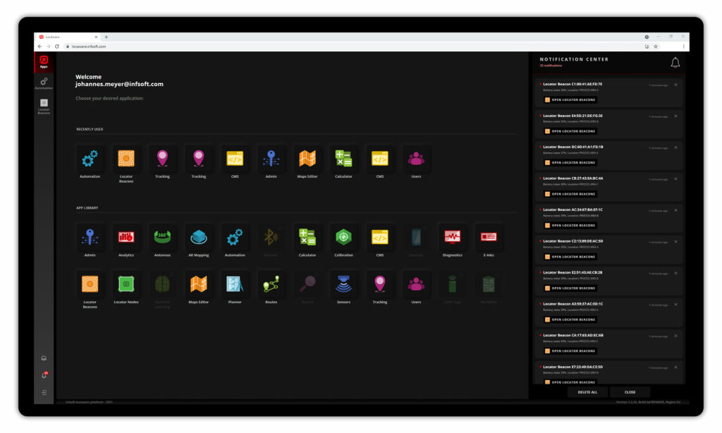 infsoft LocAware dashboard showing notification center