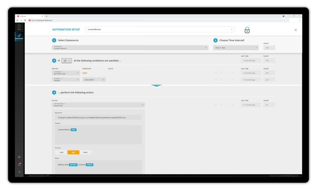 infsoft Automation dashboard showing defintion of push action